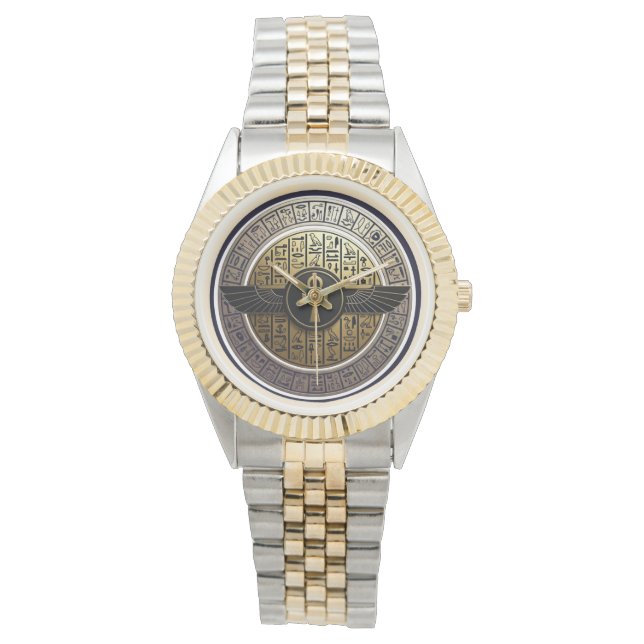 Reloj De Pulsera NeoAnkh 3D Golden Winged Ankh & Hieroglyphs Disk (Anverso)
