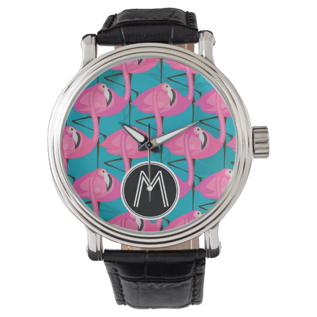 Reloj De Pulsera Neon Flamingos Dos | Añadir su inicial (Anverso)