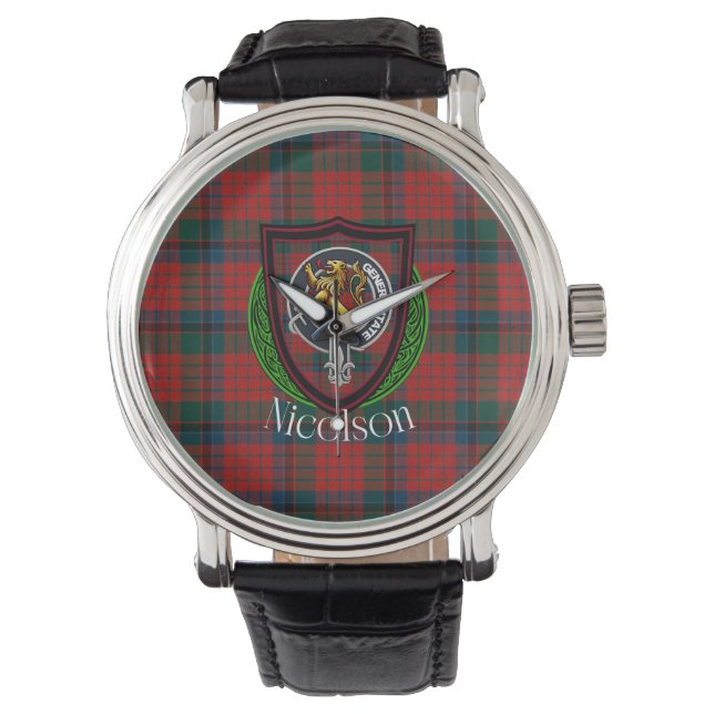 Reloj De Pulsera Nicolson Scottish Clan Tartan & Crest (Anverso)