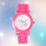 Reloj De Pulsera Niña blanca morada rosa unicornio linda<br><div class="desc">Un lindo y mágico unicornio durmiendo en pasteles blancos,  morados,  rosados y amarillos. Un poco turquesa. Fondo blanco. Números de color rosa.</div>