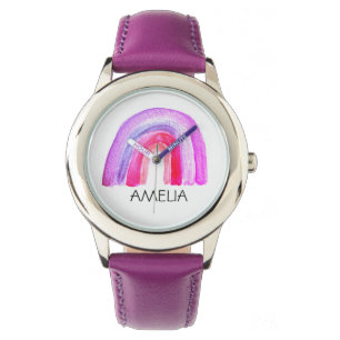 Reloj De Pulsera Niñas Bonito Boho Acuarela Arcoíris y Nombre