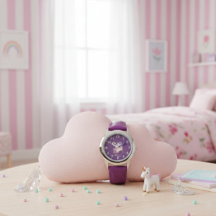 Reloj De Pulsera Niñas Lindo Unicornio Purpura Arcoiris & Nombre Ni