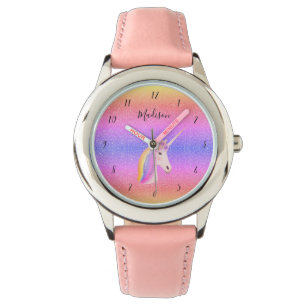 Reloj De Pulsera Niñas Purpurinas rosadas con unicornio de arcoiris