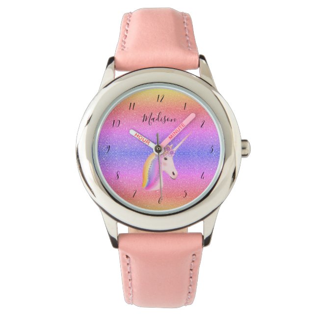 Reloj De Pulsera Niñas Purpurinas rosadas con unicornio de arcoiris (Anverso)