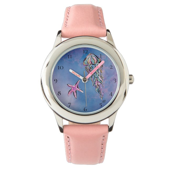 Reloj De Pulsera *~* Niños Acuarela Mar Jelly Fish Star Pescado (Anverso)