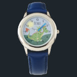 Reloj De Pulsera Niños adorables Personalizados del Dragón Verde co<br><div class="desc">Este lindo reloj azul y moderno para niños presenta un adorable dragón verde al sol, y tiene espacio para que le agregues el nombre de tu hijo. Con números claros y fácilmente legibles, este 'primer' reloj es genial para niños o niños recién empezando a aprender el tiempo. ¡El diseño de...</div>
