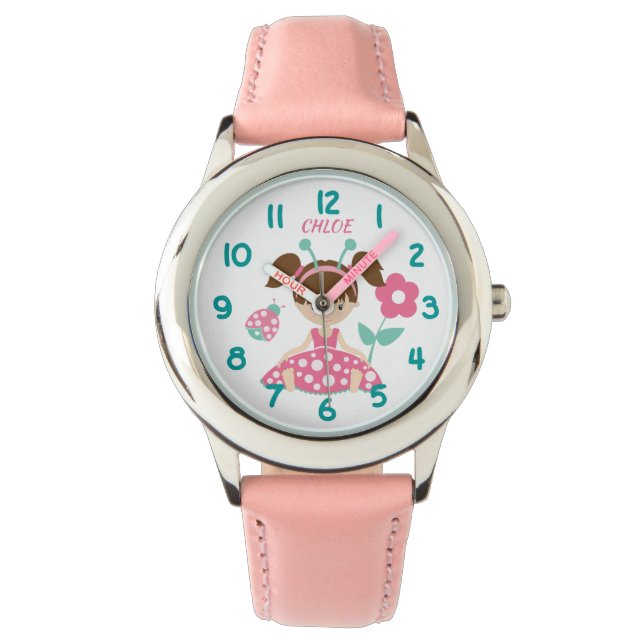 Reloj De Pulsera Niños Chicas de insectos rosados y Verde azulados (Anverso)