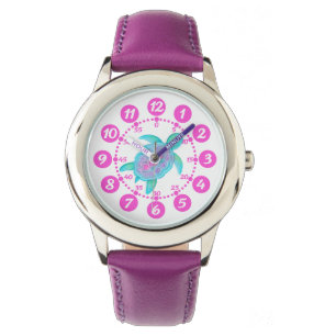 Reloj De Pulsera Niños chicas de tortuga rosada y blanca vigilan la