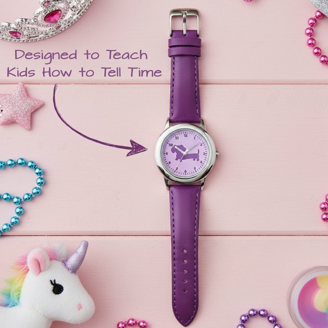 Reloj De Pulsera Niños Chicas Purple Dachshund tiempo de aprendizaj (learn to tell time dachshund watch)