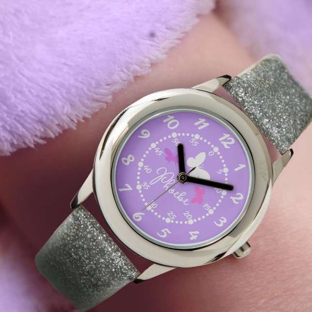 Reloj De Pulsera Niños chicas púrpura tres mariposas y nombre (Subido por el creador)
