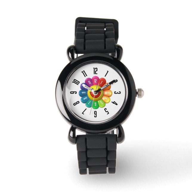 Reloj De Pulsera Niños con flores de arcoiris PickleKids™ Black Wat (Anverso)