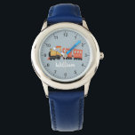 Reloj De Pulsera Niños Curte Blue Modern Train niños de viaje<br><div class="desc">Este lindo y moderno reloj de niños cuenta con un ilustracion de viajes en tren y un lugar para que le agregues el nombre de tu hijo. ¡Perfecto para cualquier niño que sueña con ser conductor de tren! Con números claros y un fondo azul, este reloj de bomberos es genial...</div>
