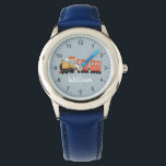 Reloj De Pulsera Niños Curte Blue Modern Train niños de viaje<br><div class="desc">Este lindo y moderno reloj de niños cuenta con un ilustracion de viajes en tren y un lugar para que le agregues el nombre de tu hijo. ¡Perfecto para cualquier niño que sueña con ser conductor de tren! Con números claros y un fondo azul, este reloj de bomberos es genial...</div>