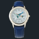Reloj De Pulsera Niños Cute Blue Airplane Boys Viajes<br><div class="desc">Este diseño de un avión de transporte fresco y lindo presenta un moderno avión azul con un fondo de cielo y nubes,  y puede ser personalizado con el nombre de tu hijo. ¡Ideal para un avión y niños amantes de los viajes!</div>