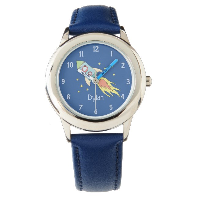 Reloj De Pulsera Niños Cute Blue Rocket Ship Space and Name Kids (Anverso)