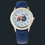 Reloj De Pulsera Niños de la granja de niños con nombre<br><div class="desc">Este lindo reloj de niños presenta un tractor rojo dibujado a mano en azul,  con números claros,  y puede ser personalizado con el nombre de tu hijo. ¡Perfecto para una granja y un tractor que ama a los niños primero! Visita nuestra tienda para ver otros diseños lindos.</div>