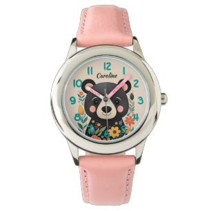 Reloj De Pulsera Niños de oso negro con flores