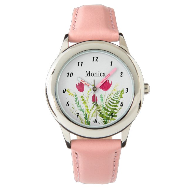 Reloj De Pulsera Niños Flores Botánicas Flores Silvestres Nombre Ro (Anverso)