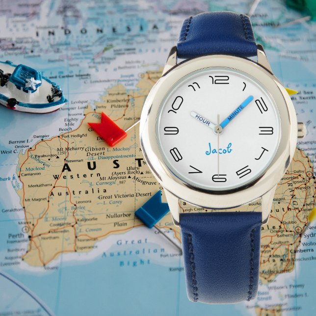 Reloj De Pulsera Niños Guay Modern Blue Stylish Nombre personalizad (Boys Cool Modern Blue Stylish Custom Name Kids Watch)