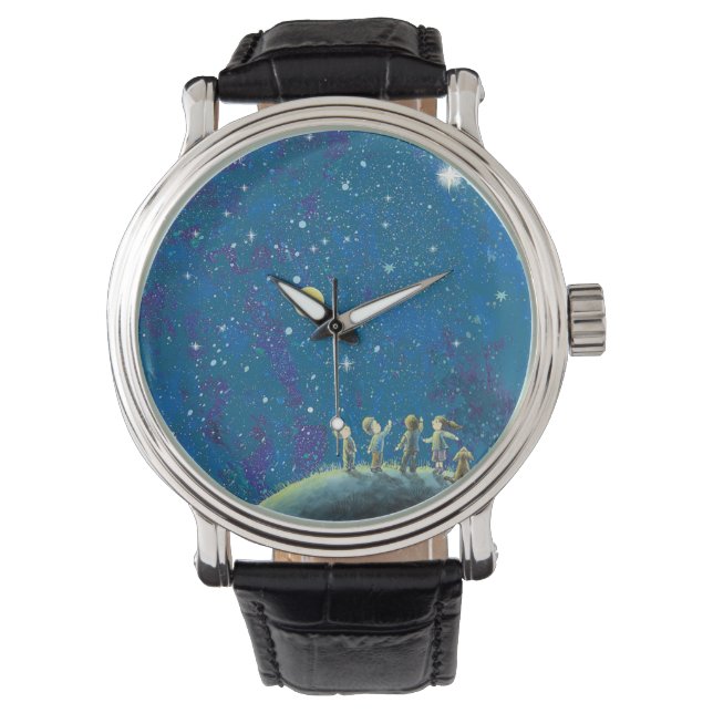 Reloj De Pulsera Niños Mirando El Cielo Nocturno (Anverso)