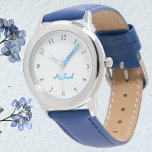 Reloj De Pulsera Niños Nombre Correa de Cuero Azul Niños Personaliz<br><div class="desc">Personalizado, personalizado, los niños se divierten estiloso y elegante correa de cuero azul, funda de acero inoxidable, reloj de pulsera. Simplemente escriba el nombre. Adelante, crea un maravilloso reloj personalizado para el niño pequeño en tu vida - hijo, hermano, sobrino, nieto, ahijado, hijastro. Hace un gran regalo personalizado para cumpleaños,...</div>