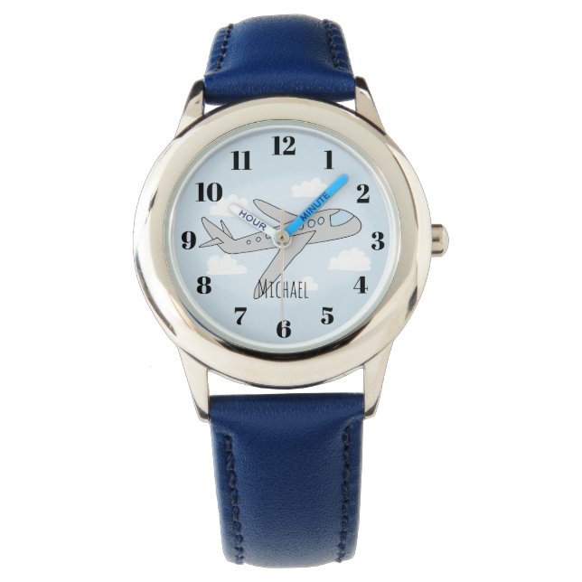 Reloj De Pulsera Niños Personalizado del avión azul y niños con nom (Anverso)