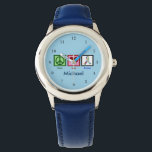 Reloj De Pulsera Niños Personalizados del autismo azul<br><div class="desc">Una señal de paz,  un corazón y un listón de autismo para la conciencia sobre el autismo de las personas de todo el espectro. Un lindo reloj de niños en azul personalizado con el nombre de un niño.</div>