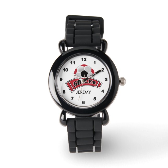 Reloj De Pulsera Niños personalizados en el fútbol rojo oscuro (Anverso)