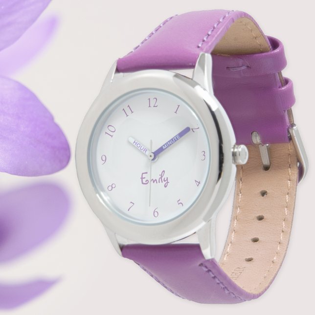 Reloj De Pulsera Niños personalizados Nombre Acero Chicas de Cuero  (Custom Kids Name Steel Purple Leather Girls Watch)