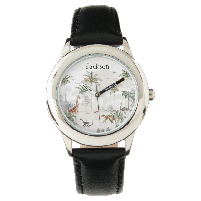 Reloj De Pulsera Niños personalizados Safari Jungle Animales Nombre (Anverso)