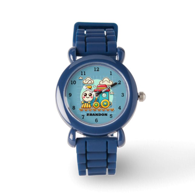 Reloj De Pulsera Niños Tren Niños Nombre personalizado azul (Anverso)