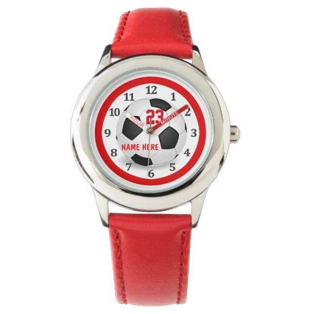 Reloj De Pulsera Niños y Chicas vigilan el fútbol rojo (Anverso)