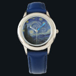 Reloj De Pulsera Noche Van Gogh Starry<br><div class="desc">Noche estrellada de Vincent Van Gogh, óleo sobre lienzo, 1889, es un cuadro paisajístico de un gran torbellino de estrellas brillantes sobre un paisaje de pueblo lejano y colinas onduladas, con un solo ciprés subiendo en primer plano como una llama verde oscura. Van Gogh pintó su obra maestra estrellada no...</div>