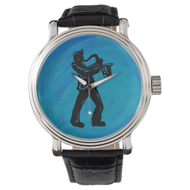 Reloj De Pulsera Noches de boogie de Nueva York Azul saxofónico (Anverso)