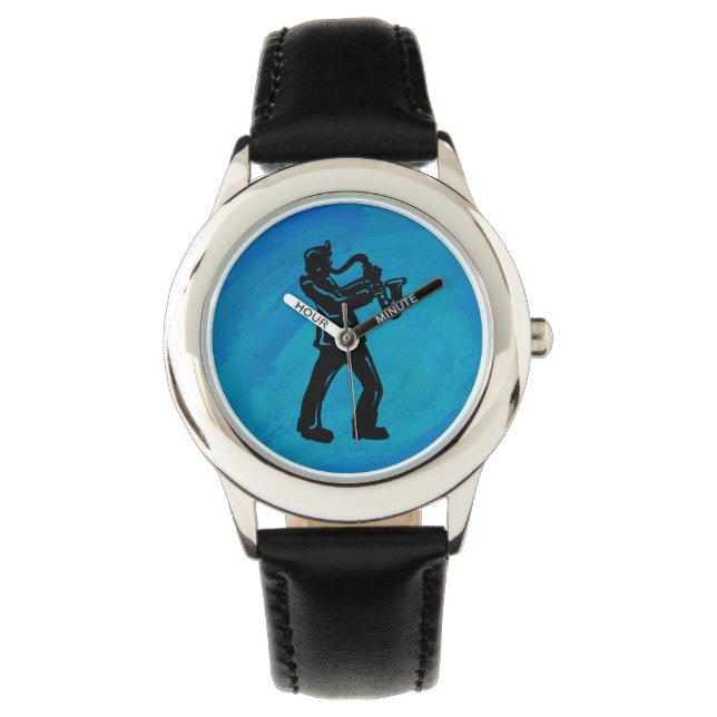 Reloj De Pulsera Noches de boogie de Nueva York Azul saxofónico (Anverso)