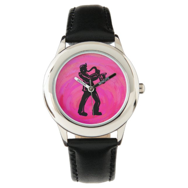 Reloj De Pulsera Noches de boogie de Nueva York Rosa Caliente Saxof (Anverso)