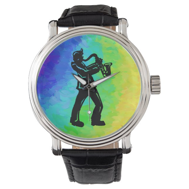 Reloj De Pulsera Noches de boogie en Nueva York Arcoiris saxofón (Anverso)