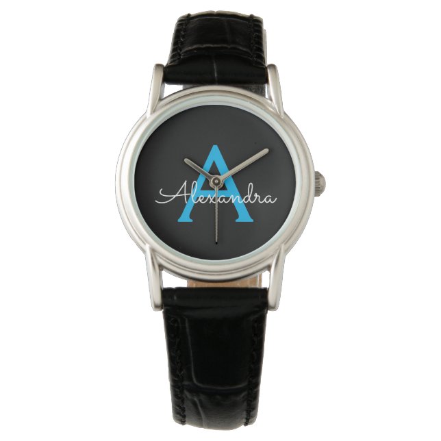 Reloj De Pulsera Nombra de monograma de guión azul negro (Anverso)
