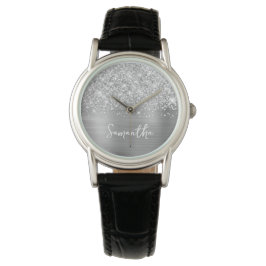 Reloj De Pulsera Nombre blanco de glam de plata Purpurinoso
