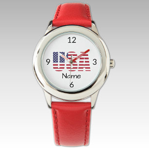 Reloj De Pulsera Nombre, Correa de cuero rojo de acero inoxidable p