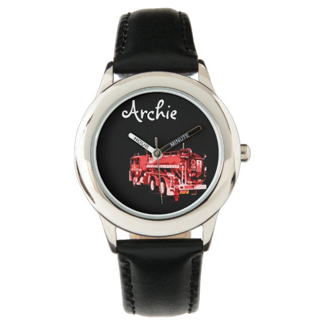 Reloj De Pulsera Nombre De Archie Con Camión De Fuego Rojo, (Anverso)
