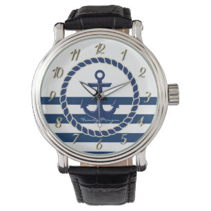 Reloj De Pulsera Nombre de Barco Náutico, Ancla Rayas Azul Marino