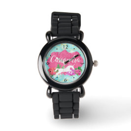 Reloj De Pulsera Nombre de Chicas azul rosa unicornio de flores de 