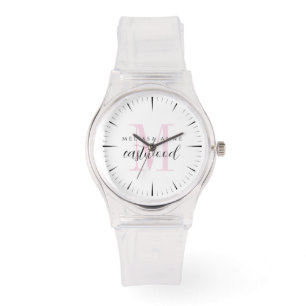 Reloj De Pulsera Nombre de guión elegante rosa Monograma