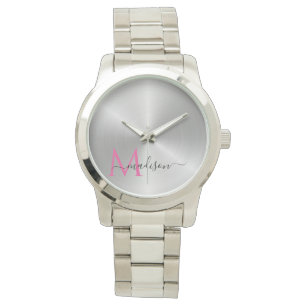 Reloj De Pulsera Nombre de guión radial metálico platino pulido