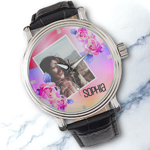Reloj De Pulsera Nombre de la foto Rosas de Flores Rosa Florales ac