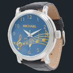 Reloj De Pulsera Nombre de las notas de la música dorada azul<br><div class="desc">Sencillo y elegante para un amante de la música o un músico! Fondo azul marino con falsos billetes de oro. Plantilla para su nombre,  letras de oro. Números de reloj dorados.</div>