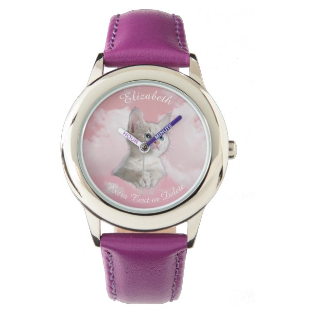 Reloj De Pulsera Nombre de las nubes de cielo rosado de gatito blan (Anverso)