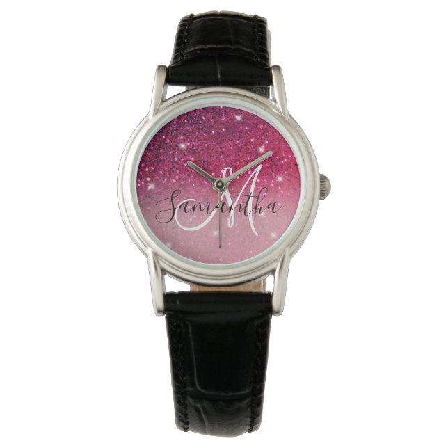 Reloj De Pulsera Nombre de las parqueas de Purpurina rosado y rojo  (Anverso)