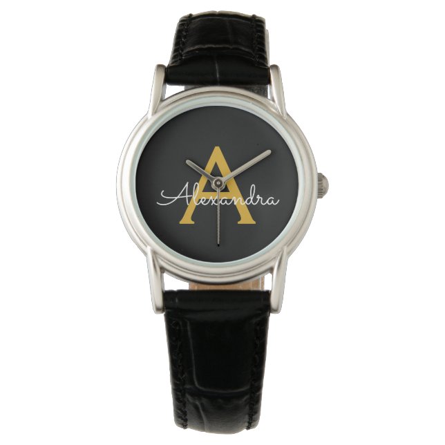 Reloj De Pulsera Nombre de monograma con guión moderno de oro negro (Anverso)